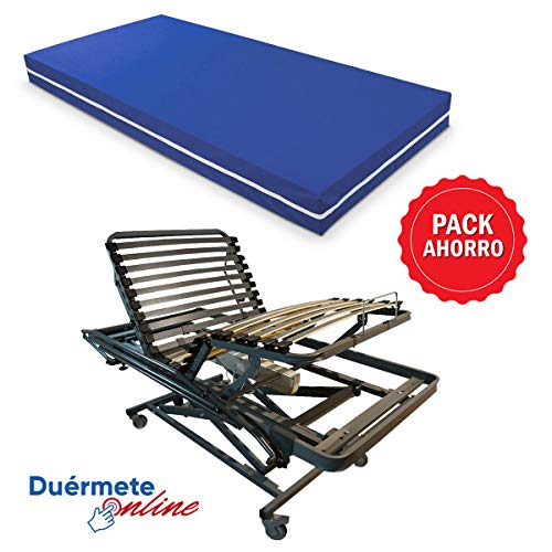 Duérmete Online Pack Ahorro Cama Articulada Geriátrica Reforzada con Carro Elevador + Colchón Hospitalario Funda Impermeable e ignífugo, Gris, 90x190