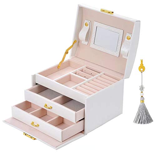 E-MANIS Caja Joyero Caja de Joyas,Estuche Rectangular para Guardar Joyas,Pendientes,Anillos y Collares,Espejo y Cajones,Tapa Elevable para Relojes (Blanco)