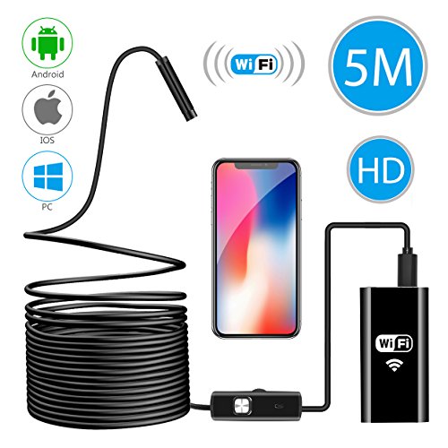 Endoscopio Inalámbrico, Cámara de Inspección WiFi Boroscopio 2.0 Megapíxeles 720P HD Impermeable Serpiente Cable Cámara con 8 LED Ajustable para Android iOS iPhone Mac Windows PC-5M