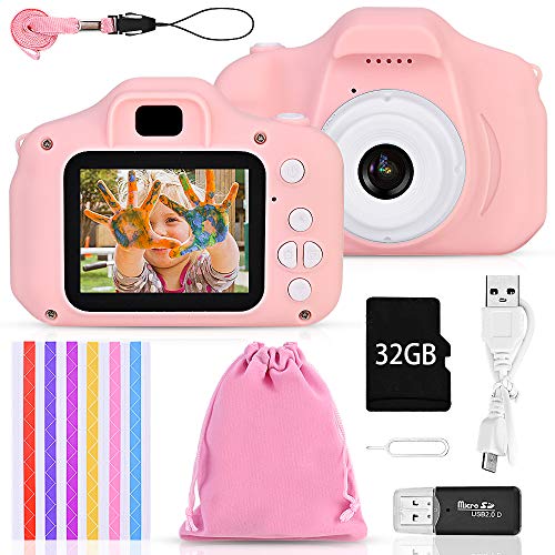 Faburo Set de Cámara de Fotos Digital para Niños, Cámara Infantil con Tarjeta de Memoria Micro SD 32GB, Cámara Digital Video Cámara Infantil para Niños Regalos deCumpleaños, 1080P, Rosa