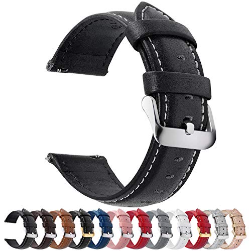 Fullmosa Axus Correa Piel, 12 Colores para Correa Reloj, Huawei Samsung Correa/Banda/Pulsera/Strap 14mm 16mm 18mm 19mm 20mm 22mm 24mm, Negro + Hebilla de Plata, 18mm