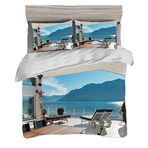 Funda nórdica Tamaño doble (150 x 200 cm) con 2 fundas de almohada Decoración moderna Juegos de cama de microfibra Terraza Ático con vistas al lago Exterior Tumbonas Escena de tranquilidad,Blanco Azul