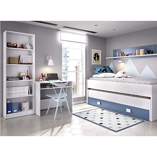 HABITMOBEL Dormitorio Juvenil Completo Cama Nido 2 cajones + Estante + estantería 6 baldas + Mesa Escritorio