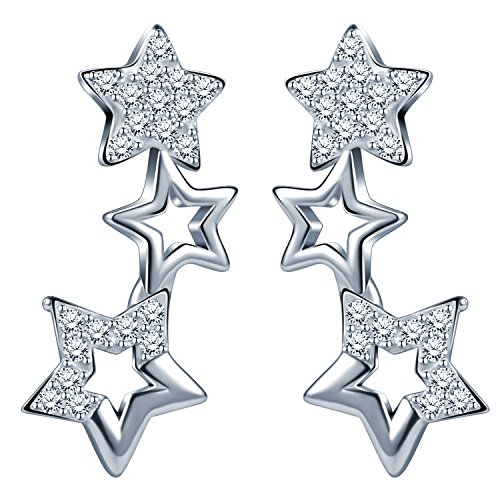 Infinite U - Pendientes de Plata de Ley 925 con Circonitas Cúbicas y Diseño de Pequeñas Estrellas a lo Largo de la Oreja, Color Plateado Infinite U - Pendientes de Plata de Ley 925 con Circonitas Cúbicas y Diseño de Pequeñas Estrellas a lo Largo de la Oreja, Color Plateado