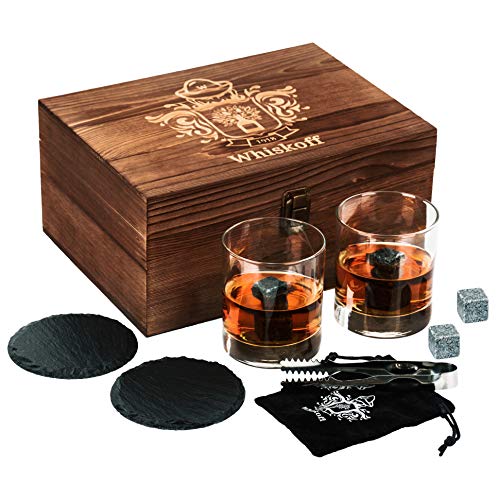 Juego de Copas de Cristal Roca - Caja de Regalo con Rocas de Enfriamiento para Whisky - Juego de Copas Scotch - Juego de Piedras de Whisky de Bourbon - Regalo Ideal de Bourbon para los Hombres