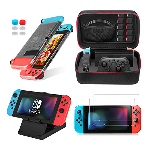 Keten Kit de Accesorios 13 en 1 para Nintendo Switch, Incluye una Funda de Transporte para Nintendo Switch / Funda Transparente / Soporte Regulable / Protector de Pantalla HD (2 paquetes)