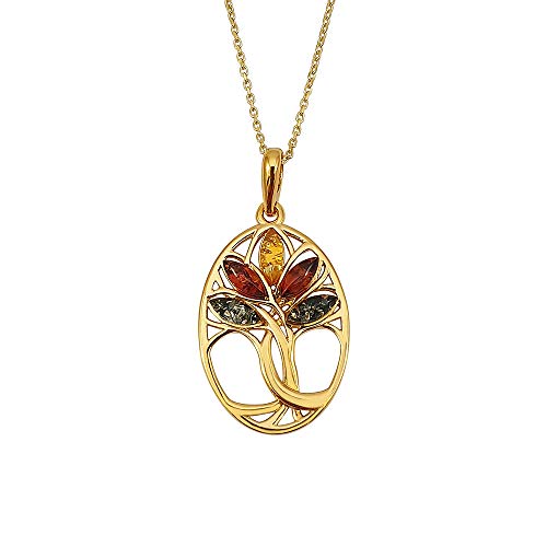 Kiara Jewellery Collar con colgante de árbol de la vida entrelazado ovalado de plata de ley 925 bañado en oro ámbar mixto con cadena de eslabones o rastros de corte de diamante italiano de 18 pulgadas