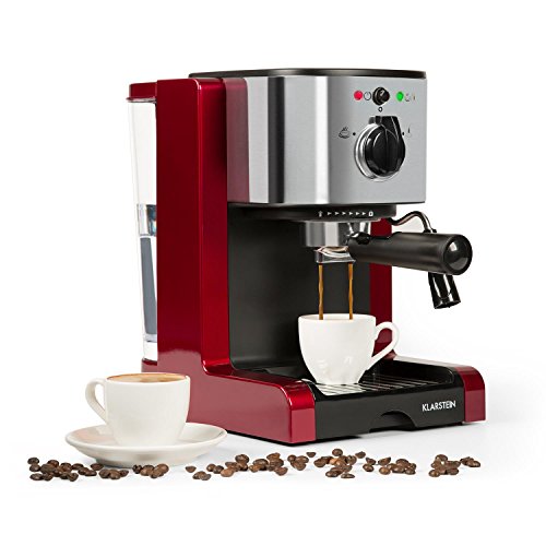 Klarstein Passionata Rossa 15 - Máquina de espresso, Cafetera automática, Espumadora, 1470W, 1,25L de capacidad (6 Tazas), Descarga de presión automática, Incluye boquilla de vapor, Rojo
