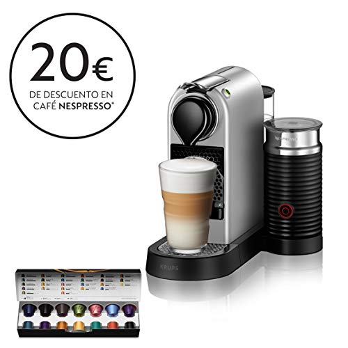 Krups Nespresso CitiZ&Milk XN761B - Cafetera Monodosis Cápsulas, 19 bares, Depósito Agua 1 L, Apagado Automático, Acero, con Aeroccino