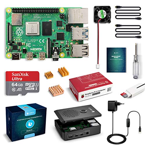 LABISTS Raspberry Pi 4 Model B Kit de 4 GB con SD de 64GB Clase 10 y 5.1V 3A Tipo C con Interruptor, RPi Barebone con 3 Disipadores de Calor, Ventilador, Micro HDMI, Lector de Tarjetas y Caja Negra