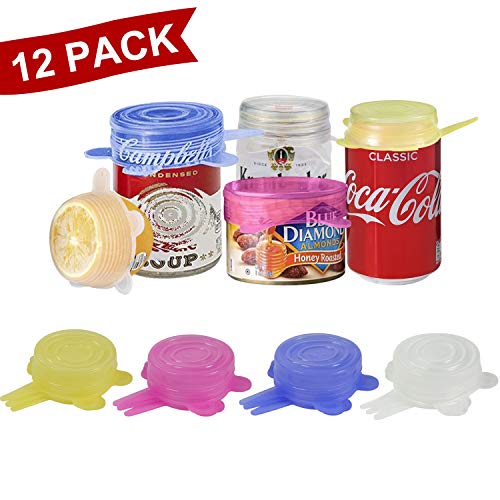 longzon. 12 Piezas Tapas Silicona Ajustables Cocina 6.5CM, 4 Colores de Tapas Silicona para Latas, Sin BPA, para Lavavajillas, Microondas, Horno o Refrigerador