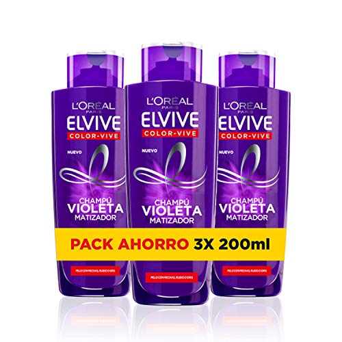 L'Oreal Paris Elvive Color Vive - Champú Violeta Matizador para Pelo Teñido, Rubio, Decolorado o Gris - Pack Ahorro de 3 Unidades x 200 ml, Total: 600 ml L'Oreal Paris Elvive Color Vive - Champú Violeta Matizador para Pelo Teñido, Rubio, Decolorado o Gris - Pack Ahorro de 3 Unidades x 200 ml, Total: 600 ml