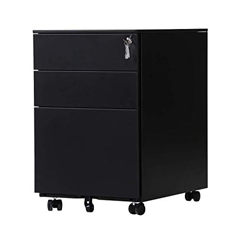 OFITURIA ® Archivador Metálico Negro con Cerradura para Oficina, Cajonera con Ruedas, 3 Cajones, Viene Montado 52x39x60 cm