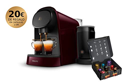 Philips L'Or Barista LM8014/80 Cafetera Espumador de Leche, Compatible Individual y Cápsula Doble, 19 Bares de Presión, 12 Variedades Incluyendo Cappuccino, 1 l, Color Granate