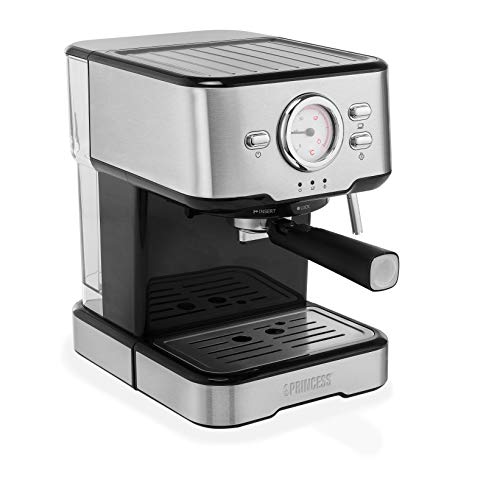 Princess 249412 Máquina de café Espresso italiano, cafetera compatible con cápsulas Nespresso, 20 bares de presión, depósito extraíble de 1.5 L, 1100 W, 1 cups, Plateado y negro