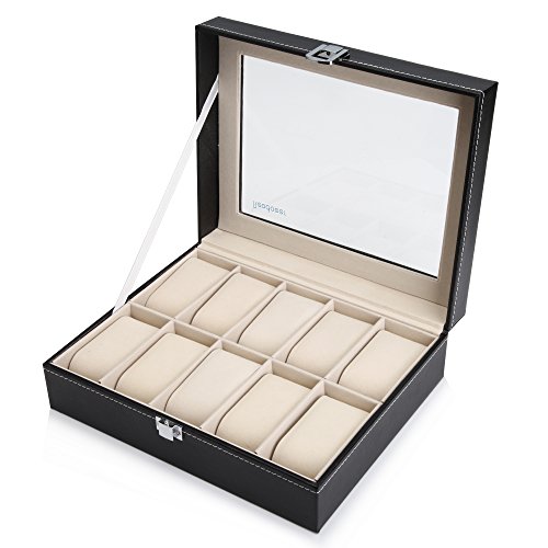 Readaeer Caja para Relojes con 10 compartimentos, Buzón Memoria con tapa de cristal negro de piel sintética