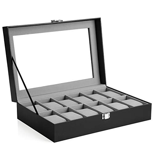 SONGMICS Caja de Relojes con 12 Compartimentos, Estuche para Relojes con Tapa de Cristal, con Almohada Extraíble, Forro de Terciopelo, Cierre de Metal, Piel Sintética, Negro JWB12BK