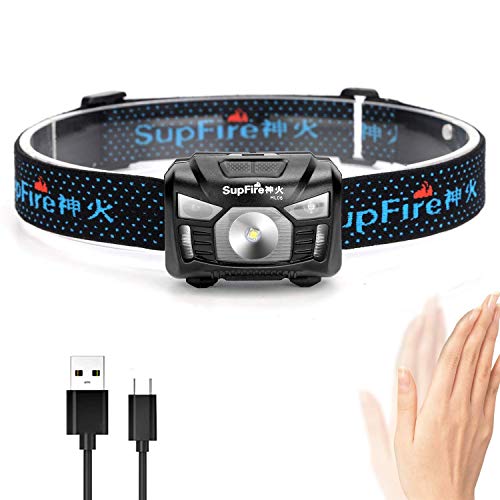 Supfire Linterna Frontal LED 500 Lúmenes LED CREE Lámpara de Cabeza con Luz Roja y Interruptor de Temperatura Inducción,Recargable con Cable USB Directamente,5 Modos para Camping Ciclismo,Modelo HL06