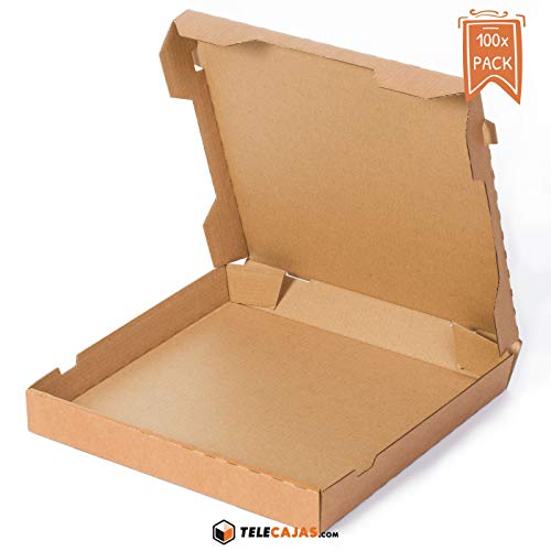 TeleCajas® | (100x) Cajas de Pizzas | Anónimas - Reciclables 100% - Mirocanal Kraft Marrón | Medidas: 33x33 cms | Lote de 100 uds
