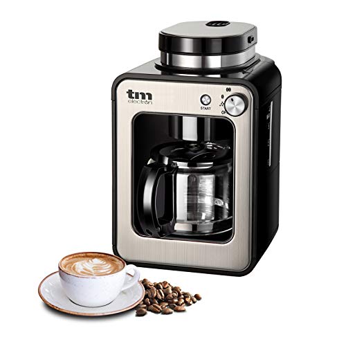 TM Electron TMPCF020S Mini cafetera de Goteo con Molinillo Grano, 4 Tazas, 600W y Filtro Lavable Compatible con café molido, 600 W, 6 Cups, Acero Inoxidable, Plata