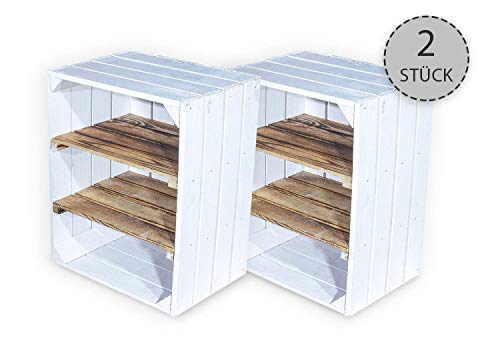Vintage-Möbel24 - Juego de 2 cajas de fruta blancas con tabla intermedia veteada horizontal - cajas de madera como zapatero - Shabby Chic - 50 x 30 x 40 cm
