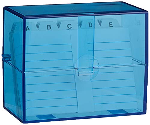 Wedo 2507303 Cajas de tarjetas DIN A7 transversales durante aprox. 200 tarjetas (de plástico translúcido azul, incl. 100 fichas y registros, 11.8 x 6.3 x 9.7 cm) blanco