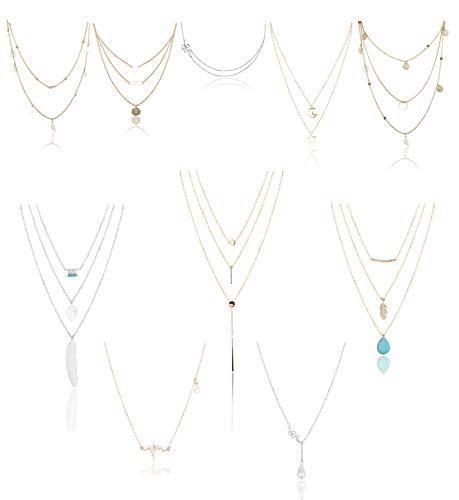 YADOCA 10 Piezas Collar de Múltiples Capas para Mujeres Niñas Corazón Hoja Estrella Luna Perlas de Turquesa Collar Colgante Vintage Gargantilla Cadena Clavícula YADOCA 10 Piezas Collar de Múltiples Capas para Mujeres Niñas Corazón Hoja Estrella Luna Perlas de Turquesa Collar Colgante Vintage Gargantilla Cadena Clavícula