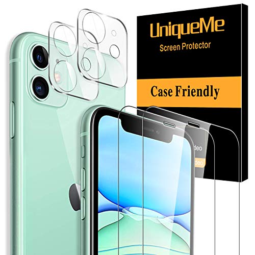 [2 Pack]UniqueMe Protector de Pantalla para iPhone 11 (6.1") y [2 Pack] Protector de lente de cámara para iPhone 11 cámara, [Cobertura máxima][Sin Burbujas] HD Cristal Vidrio Templado