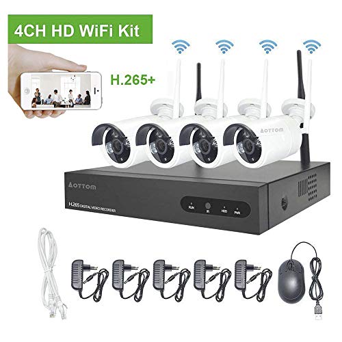 960P Kit Camaras Seguridad Vigilancia WiFi Aottom WiFi Kit Videovigilancia, Sistemas de Seguridad Inalambrico (4CH 1080P NVR+4 IP Cámaras), Visión nocturna, Detección De movimiento, P2P, IP66, sin HDD