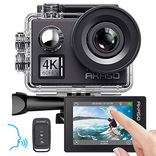 AKASO Cámara Deportiva WiFi 4K/60fps 20MP Cámara de acción con Pantalla Táctil Control de Voz Cámara acuatica Sumergible 40M EIS 8X Zoom Control Remoto 2 Baterías Multi Accesorios (V50 Elite)