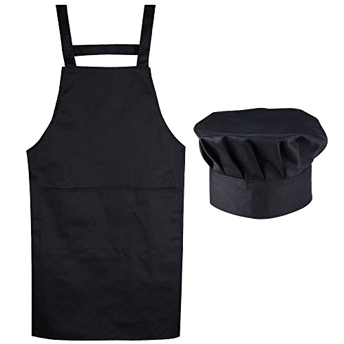 AONER (Kit de 2) Unisex Delantal Mandil Original de Peto de Chef de Cocina + Gorro Cocinero para Hombre Mujer Negro Talla Única