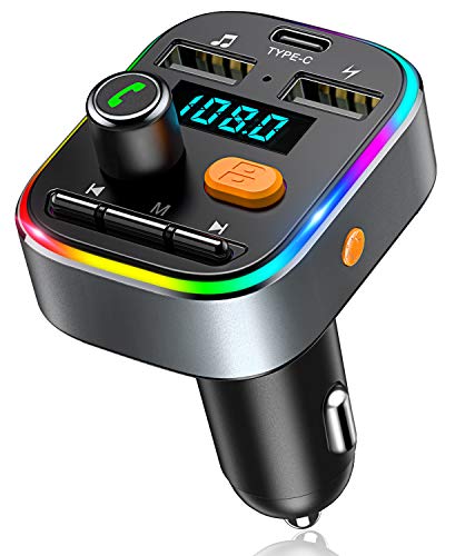 Bovon Transmisor FM Bluetooth Coche, [Carga Tipo C] [8 LED con Retroiluminación] Manos Libres Bluetooth, Transmisor FM con Sonido de Graves Profundos y 2 Puertos USB, Soporte para Tarjeta U-Disk/TF