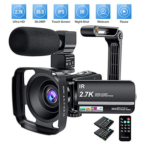 Cámara de vídeo de 2,7 K, 36 MP, UHD, WiFi, zoom digital 16X, visión nocturna infrarroja, pantalla táctil de 3 pulgadas, IPS, videocámara de vídeo con micrófono, parasol y soporte para cámara