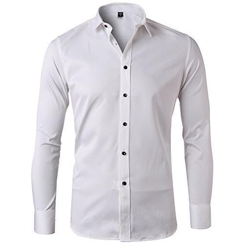 Camisa Bambú Fibra Hombre, Manga Larga, Slim Fit, Camisa Elástica Casual/Formal para Hombre, Blanco, Talla L/ 42