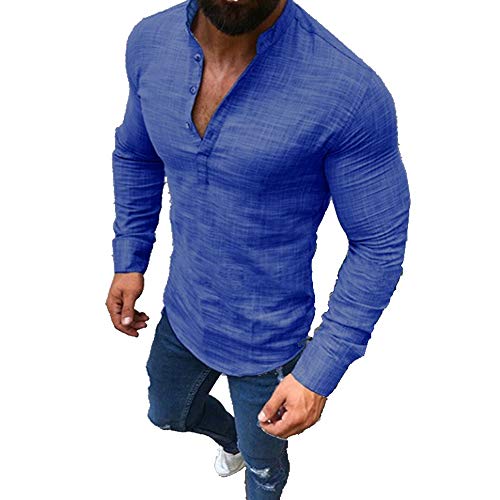 Camisa Hombre Casual Lino Color Liso Cuello Medio Abierto Manga Larga