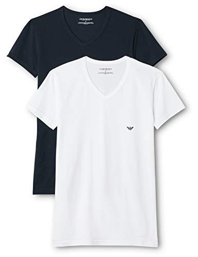 Emporio Armani CC717-111512, Camiseta para Hombre, Pack de 2, Multicolor (Blanco/Azul Oscuro), M