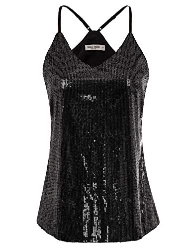 GRACE KARIN Camiseta de Tirantes para Mujer de Lentajuelas Top Brillante para Fiesta Negro M