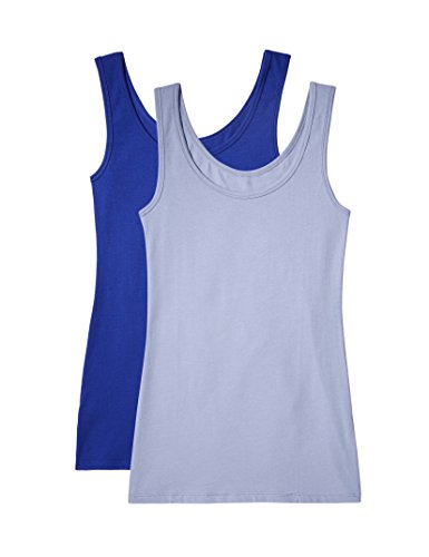 IRIS & LILLY Camiseta de Tirantes de Algodón para Mujer, Pack de 2, 1 x Azul Vaquero & 1 x Azul Brillante, Large