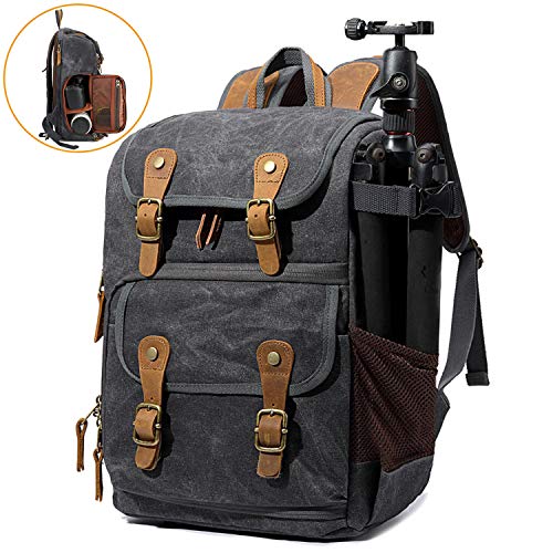 Mochila Fotografica Vintage de BAIGIO Mochila Cámara Reflex DSLR SLR Canon-Nikon-Sony para Hombres Mujeres Profesional Mochila Fotografia para Lentes Trípodes Flash Laptop Portátil (Negro-2)