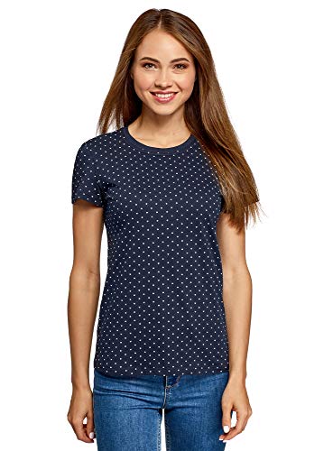 oodji Ultra Mujer Camiseta Estampada con Cuello Redondo, Azul, ES 38 / S
