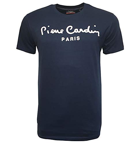 Pierre Cardin Hombre Classic 100% Algodón Camiseta Manga Corta con Cuello Redondo Estampado Grande - Multicolor - Talla S-2XL Disponible (Large, Navy)