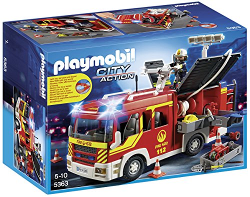 PLAYMOBIL Bomberos- Fire Engine with Lights and Sound Camión Bombero con luz y Sonido, City, Multicolor, 35.1 x 25.1 x 15.2 (5363)
