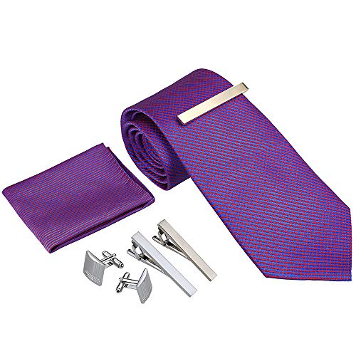 Rovtop Corbatas de Hombre Regalo Conjunto - Set de corbata Hombre Simulación Cosidas a Mano de Seda con Corbata, Pañuelo, 1 par Gemelos Cuadrados, 3 Clips de Corbata (Gentleman's Purple)