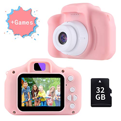 TekHome Cámara de Fotos para Niños con Juegos, 32GB Tarjeta SD y Acollador, Cámara Digital 1080P HD Video, Juguetes Niña 3-10 Años, Regalo Niña Cumpleaños Infantil, Rosa.