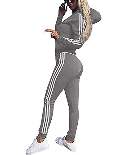 Udaderas Mujer Pantalones + Tops Conjunto de Chándal de Mujer Camisas Fitness Manga Larga Casual Jersey Chaqueta Hoodie&Pantalones (Gris, L)