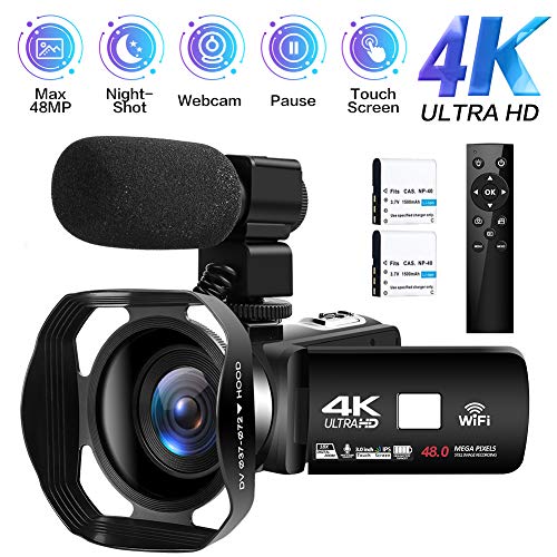 Videocámara 4K Cámara de Video Digital Ultra HD 48MP WiFi Videocamara para Youtube Pantalla táctil de 3.0 Pulgadas Videocámara con Zoom Digital 18X con Micrófono, Control Remoto y Parasol