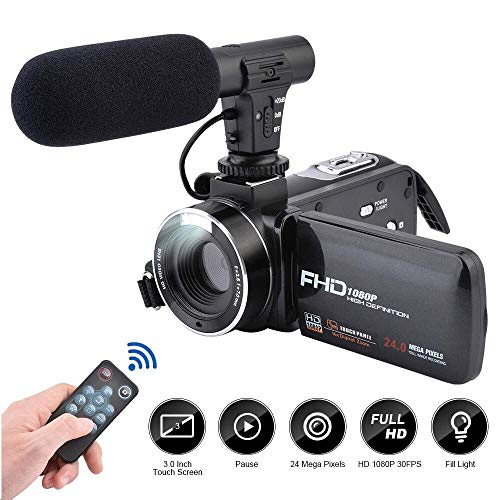 Videocámara Cámara de Video Full HD 1080P, CamKing 24.0MP 16X Cámara de Video Digital con Micrófono Externo y 3.0 Pulgadas IPS Pantalla Táctil Zoom Cámara Digital Grabadora