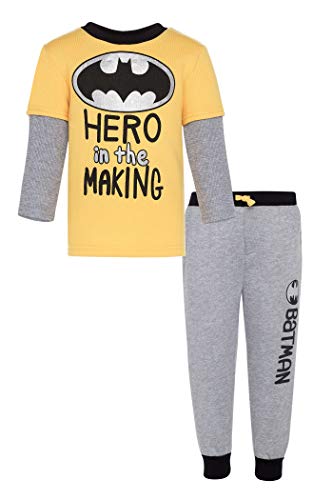 Warner Bros. Conjunto de Camisa de Manga Larga de Lana de Batman y Pantalones de chándal para bebé-niños 18 Meses Amarillo y Gris