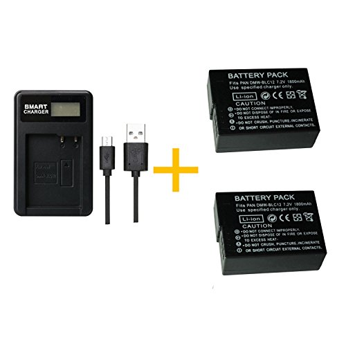 2 piezas Batería PAN BLC12 DMW-BLC12 de 1800 mAh con cargador de batería LCD individual para Panasonic Lumix FZ1000, FZ200, FZ300, G5, G6, G7, GH2, DMC-GX8 (2 pcs battery with charger)