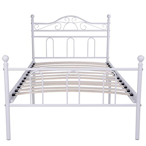 Aingoo de Cama Individual con Listones de Madera Cama de Metal sólido con cabecero clásico para Adultos, niños, niños Se Adapta a un colchón de 90 * 190 cm, Blanco